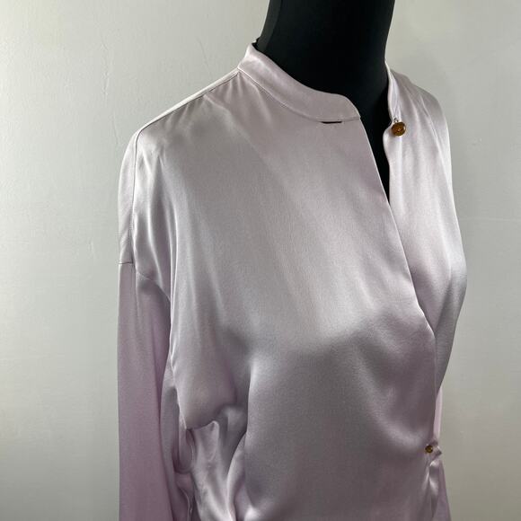 VINCE Satin Wrap Blouse Top Pink Mandarin Collar Long Sleeve Button Cuffs Size ? - Picture 7 of 9